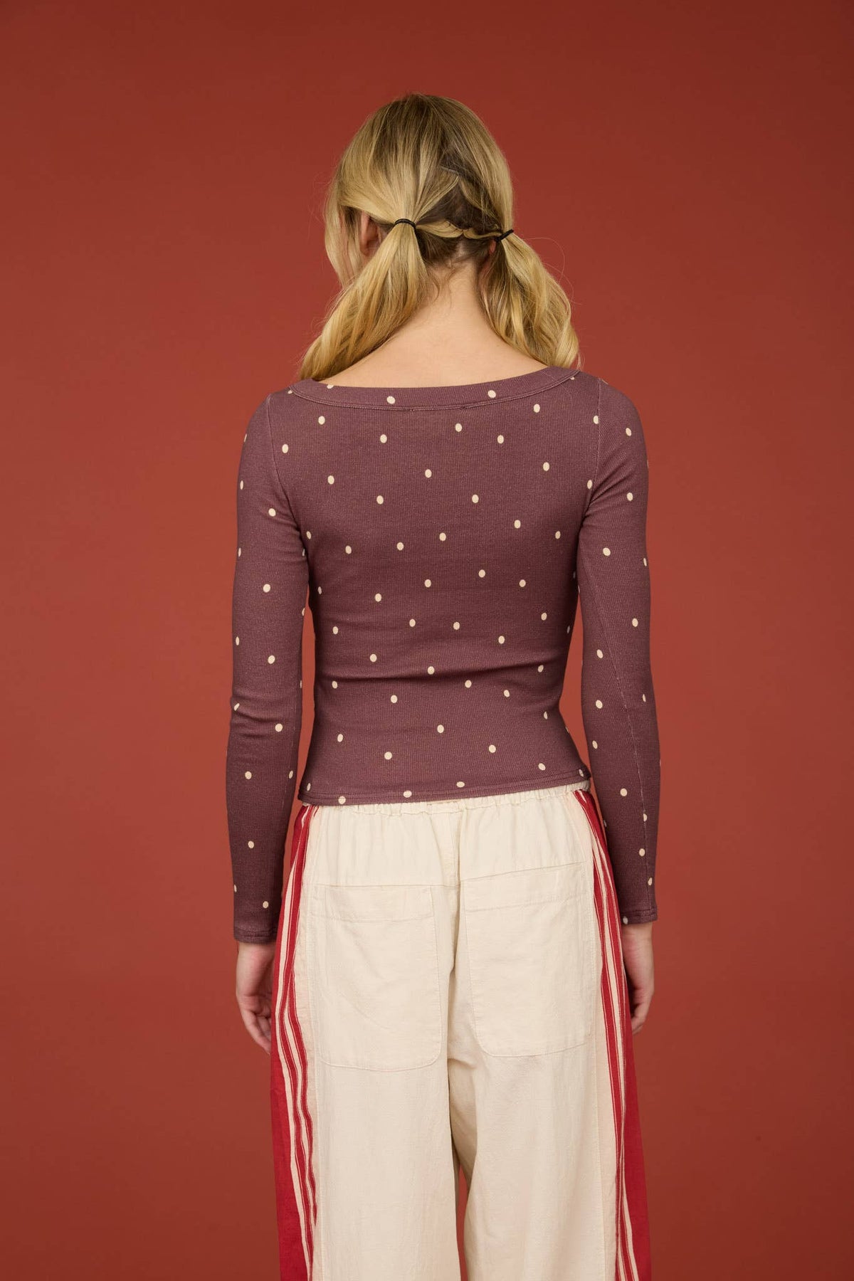 Polka Dot Boat Neck Ribbed Long Sleeve Knit Top
