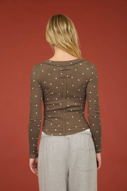 Polka Dot Long Sleeve Henley Knit Top