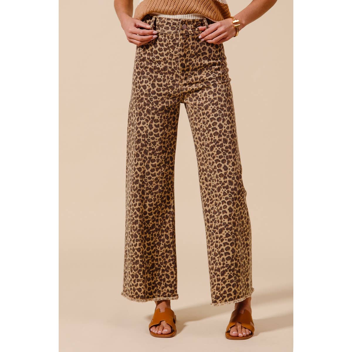 Mid Rise Leopard Twill Denim Wide Leg Pants