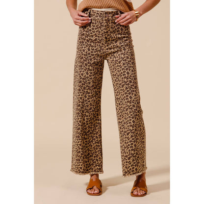 Mid Rise Leopard Twill Denim Wide Leg Pants