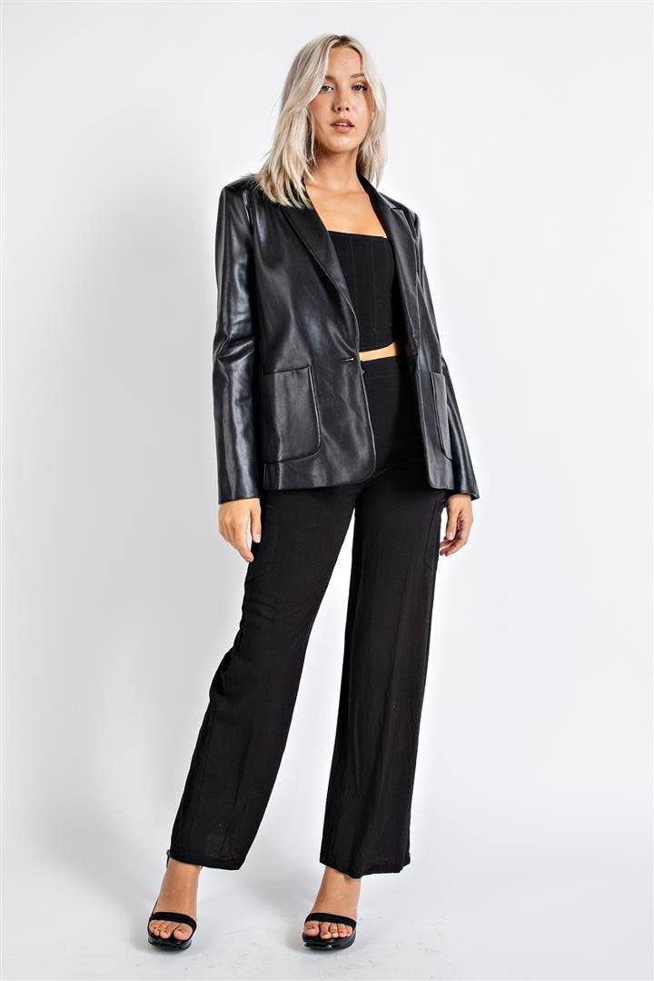 Faux Leather Blazer W/ Padded Shoulder