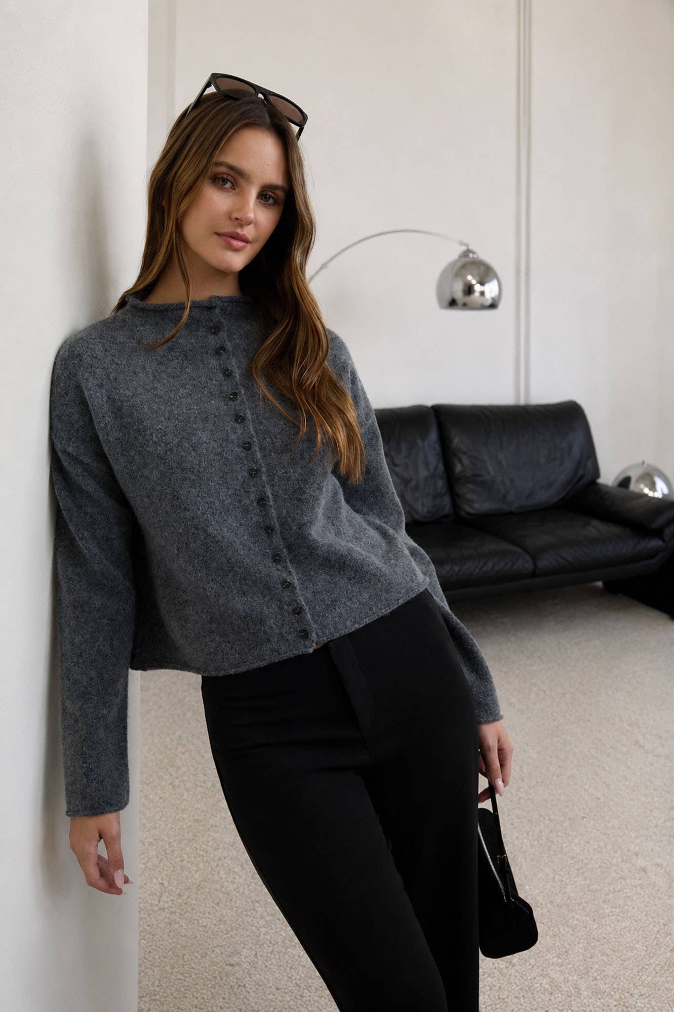 Raw Edge Mock Neck Button Down Cardigan