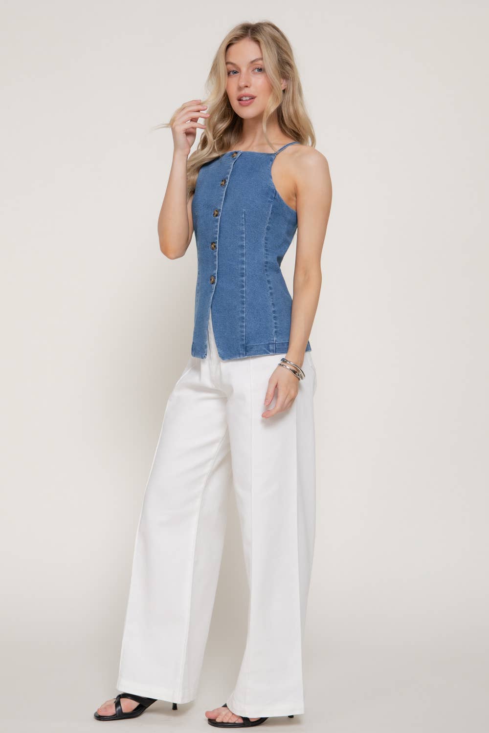 Straight Neckline Stretch Denim Long Vest Top