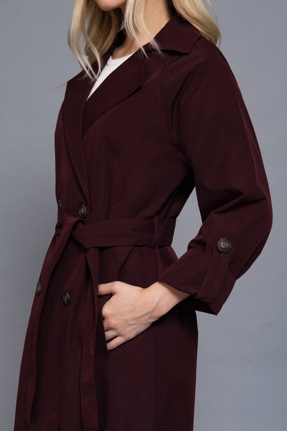Long Sleeve V-Neck Lapel Collar Trench Coat with Belt