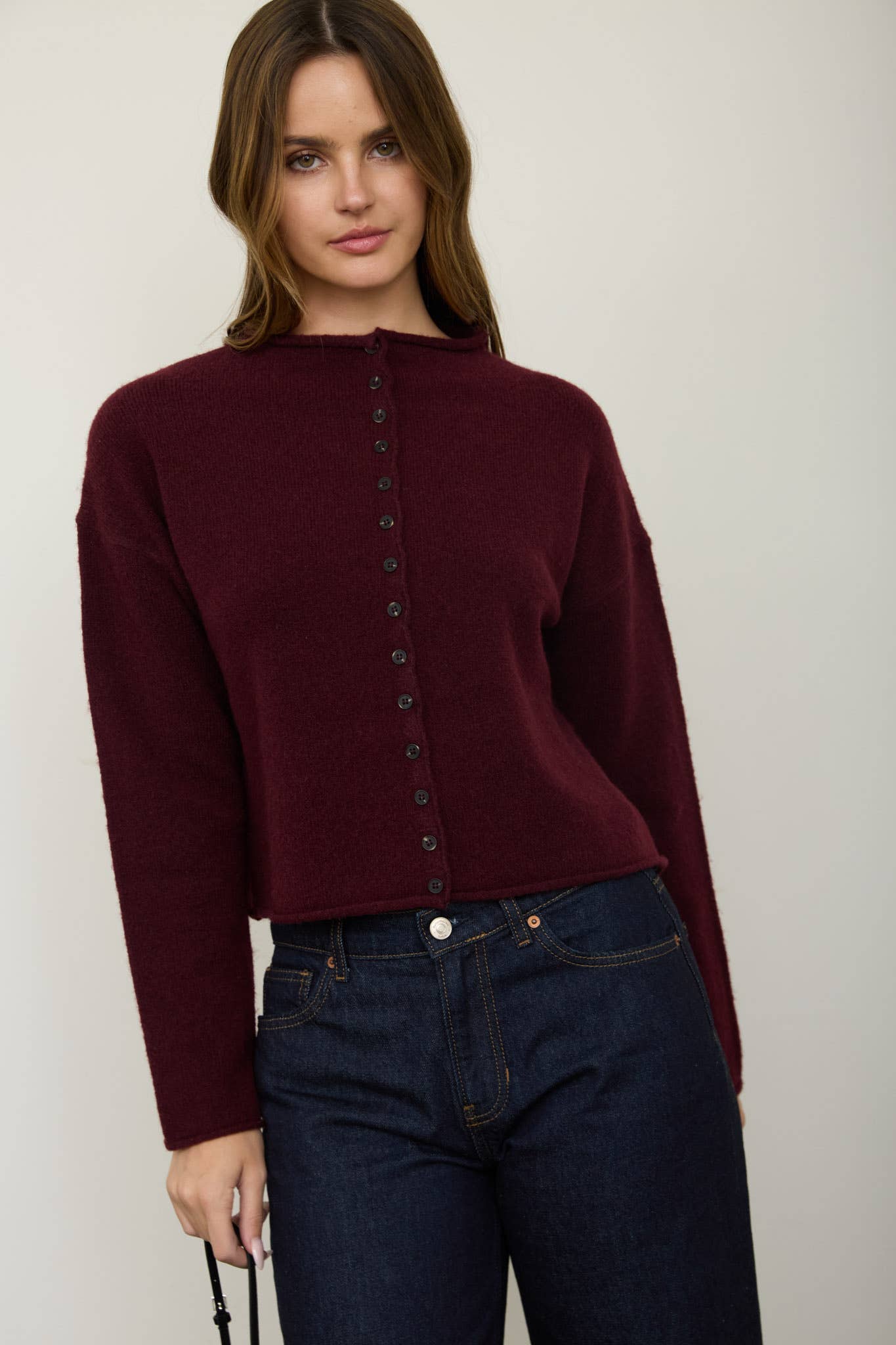 Raw Edge Mock Neck Button Down Cardigan