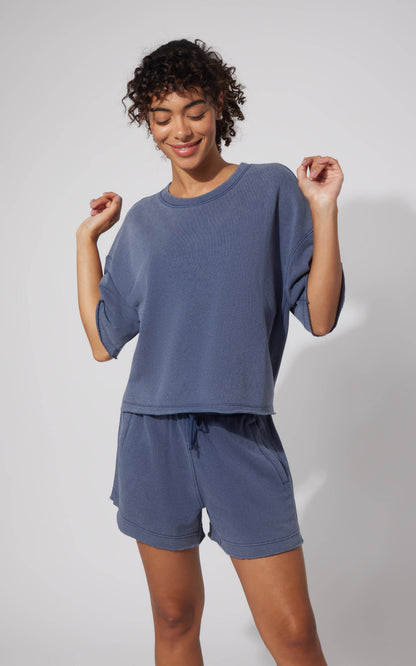 Women's Loop Terry Raw Edge Crew Short Sleeve Top and Shorts