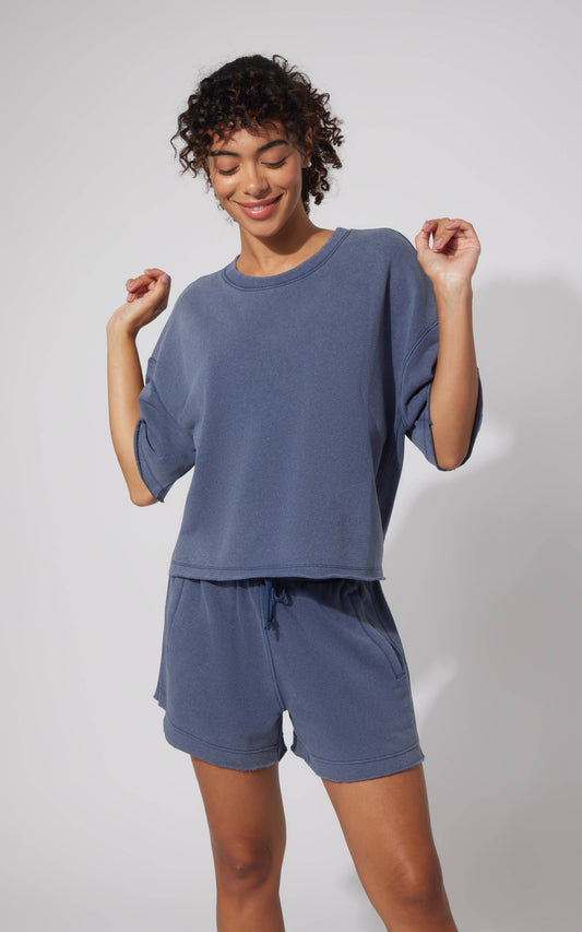 Women's Loop Terry Raw Edge Crew Short Sleeve Top and Shorts