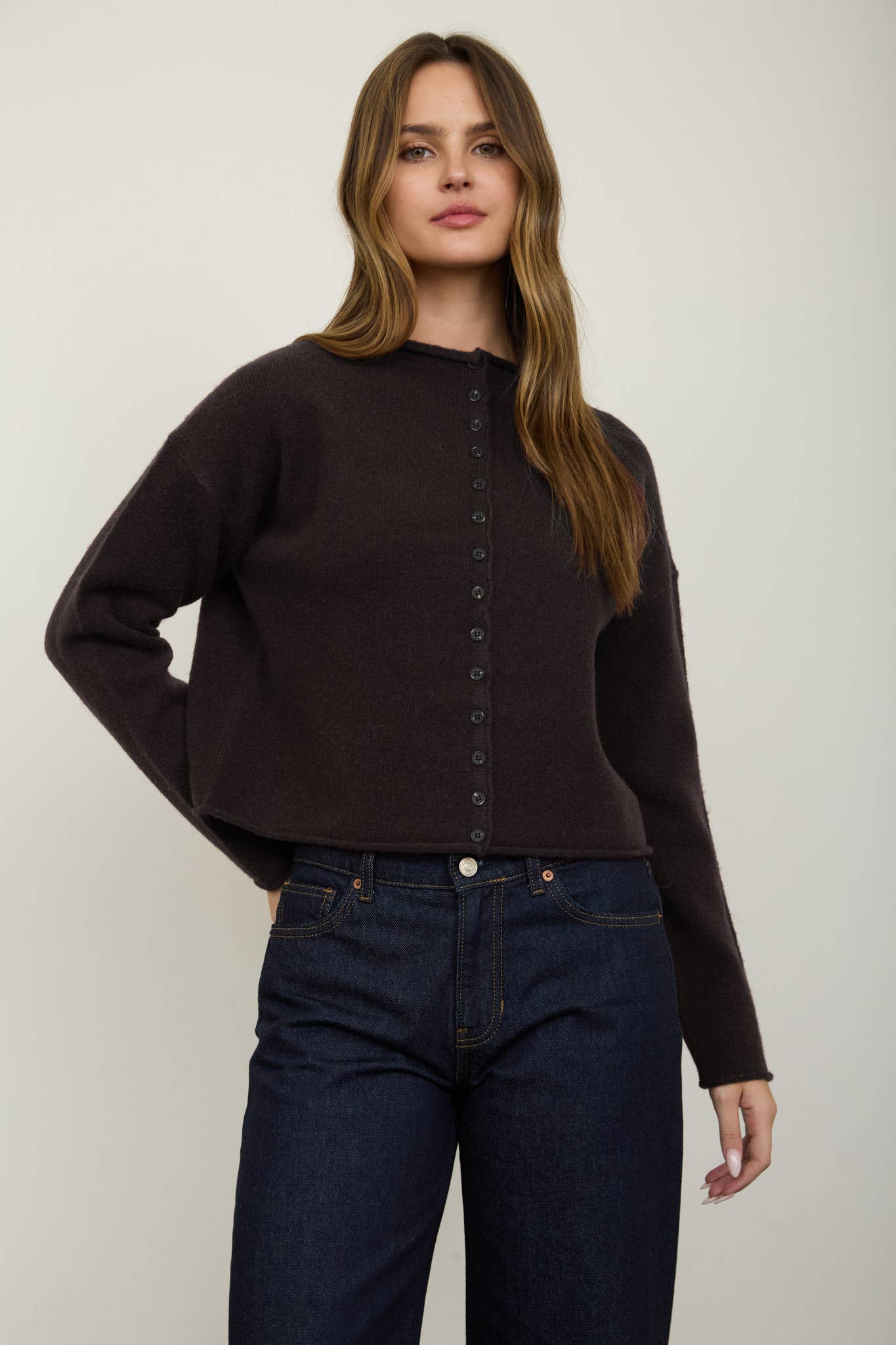 Raw Edge Mock Neck Button Down Cardigan