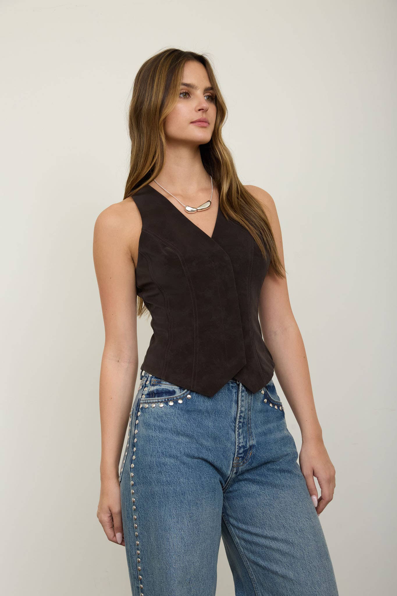 V Neck Button Down Suede Vest