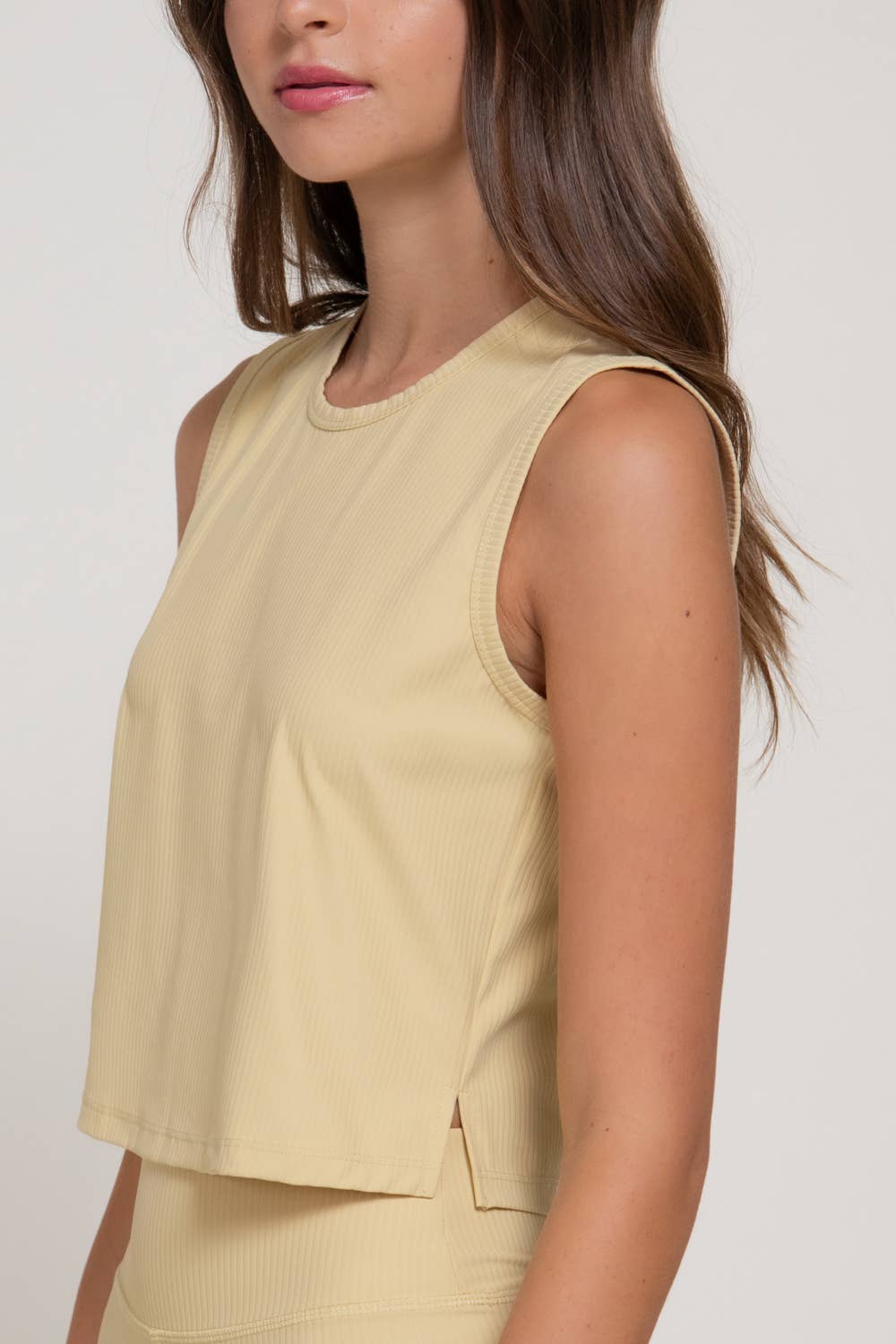 Sleeveless Round Neck Ribbed Workout Top with Side Slit