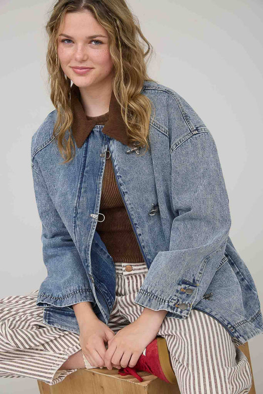 Contrast Collar Latch Hook Washed Jacket