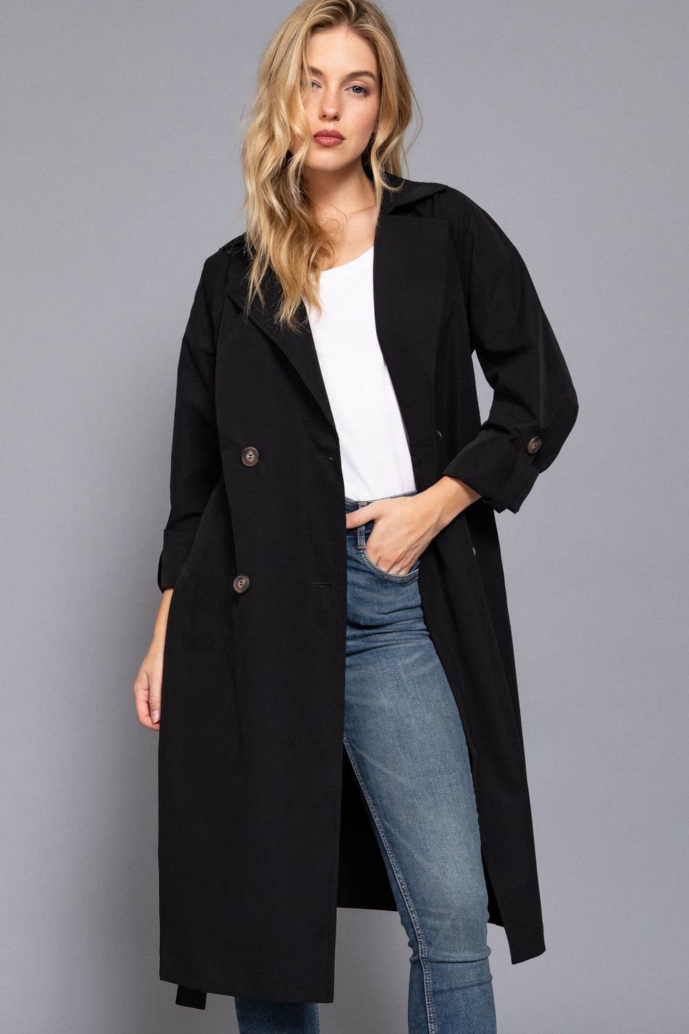 Long Sleeve V-Neck Lapel Collar Trench Coat with Belt