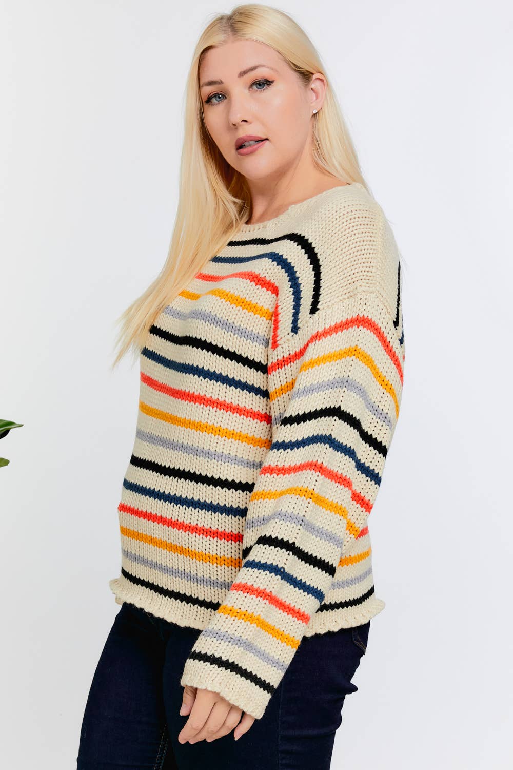 PLUS STRIPE ROUND NECK LONG SLEEVE KNIT SWEATER