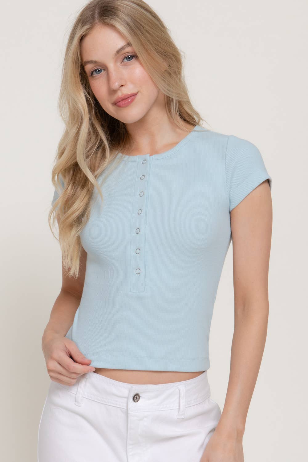 Short Sleeve Crew Neck Button Placket Ribbed Top