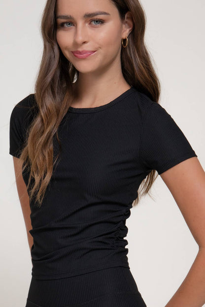 Short Sleeve Round Neck Shirring Workout Ribbed Top