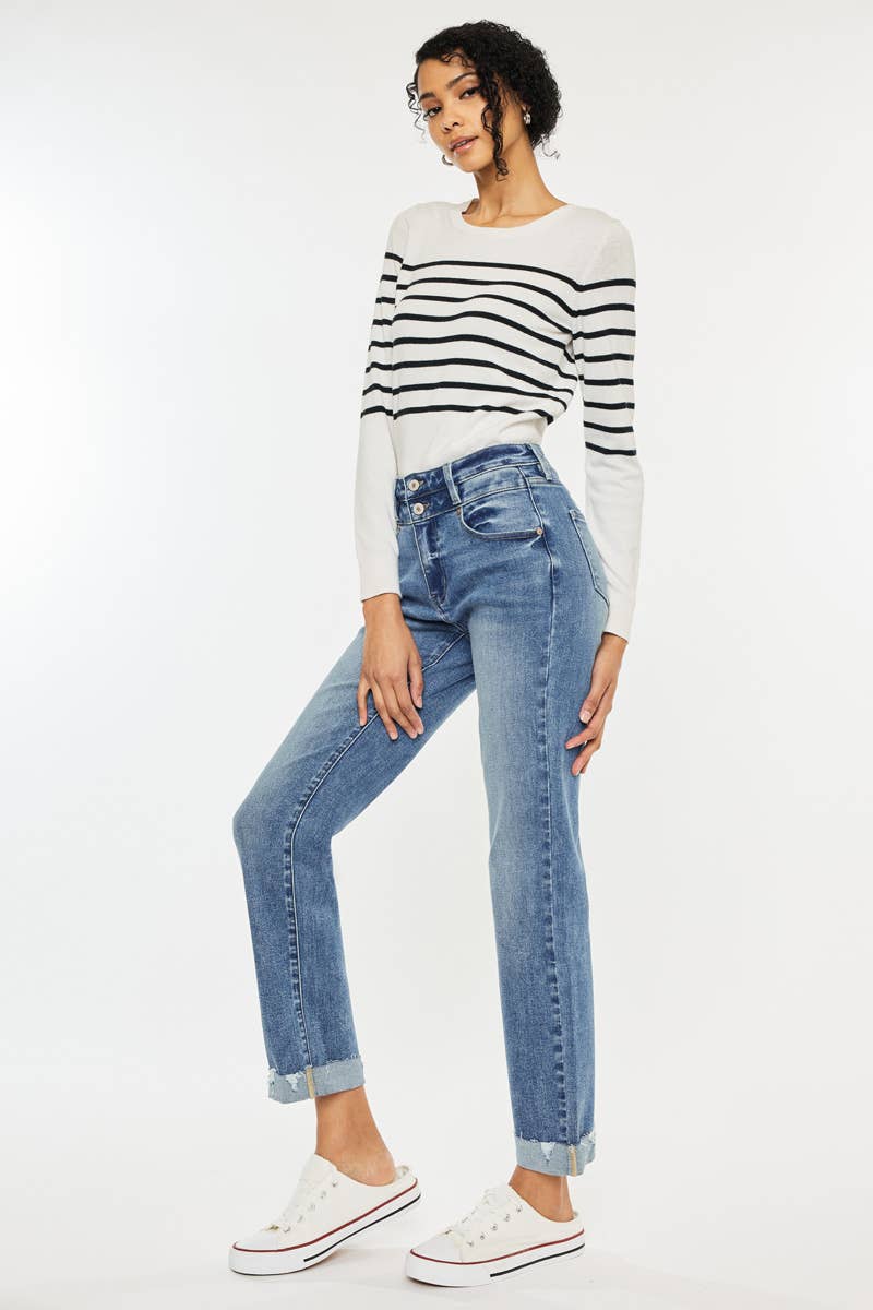 High Rise Slim Straight Cuff Jeans