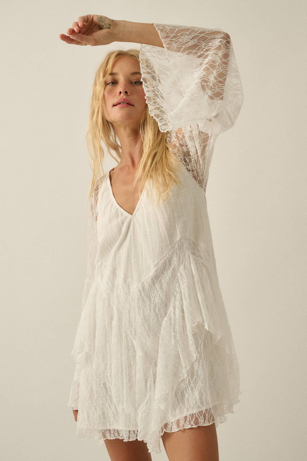 Ruffled Lace Bell-Sleeve Open-Back Romper
