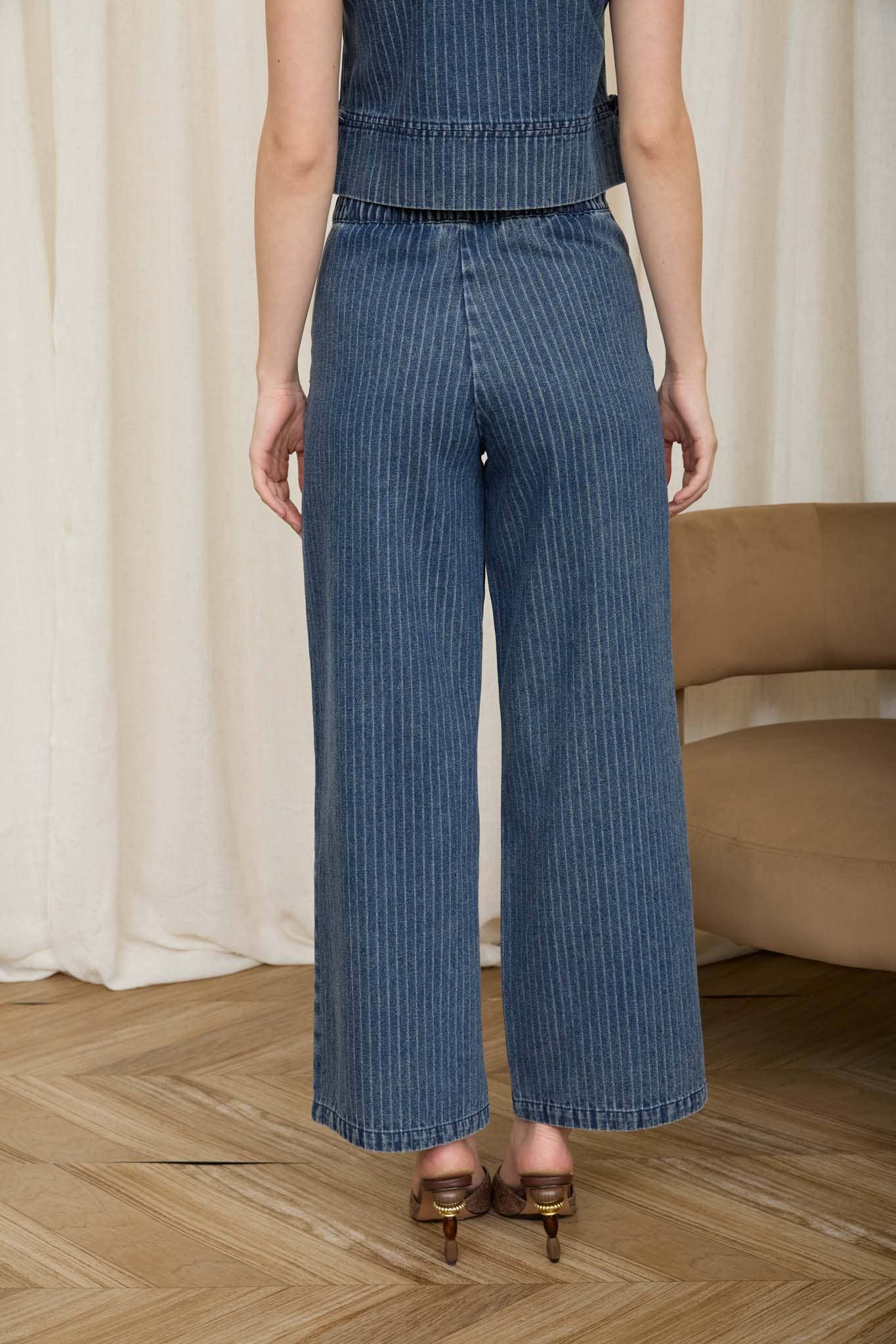 STRIPE WASHED DENIM WAIST TIE STRAP JEANS