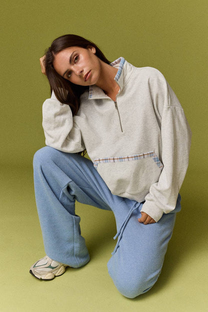Caroline Plaid Trim Quarter Zip Pullover