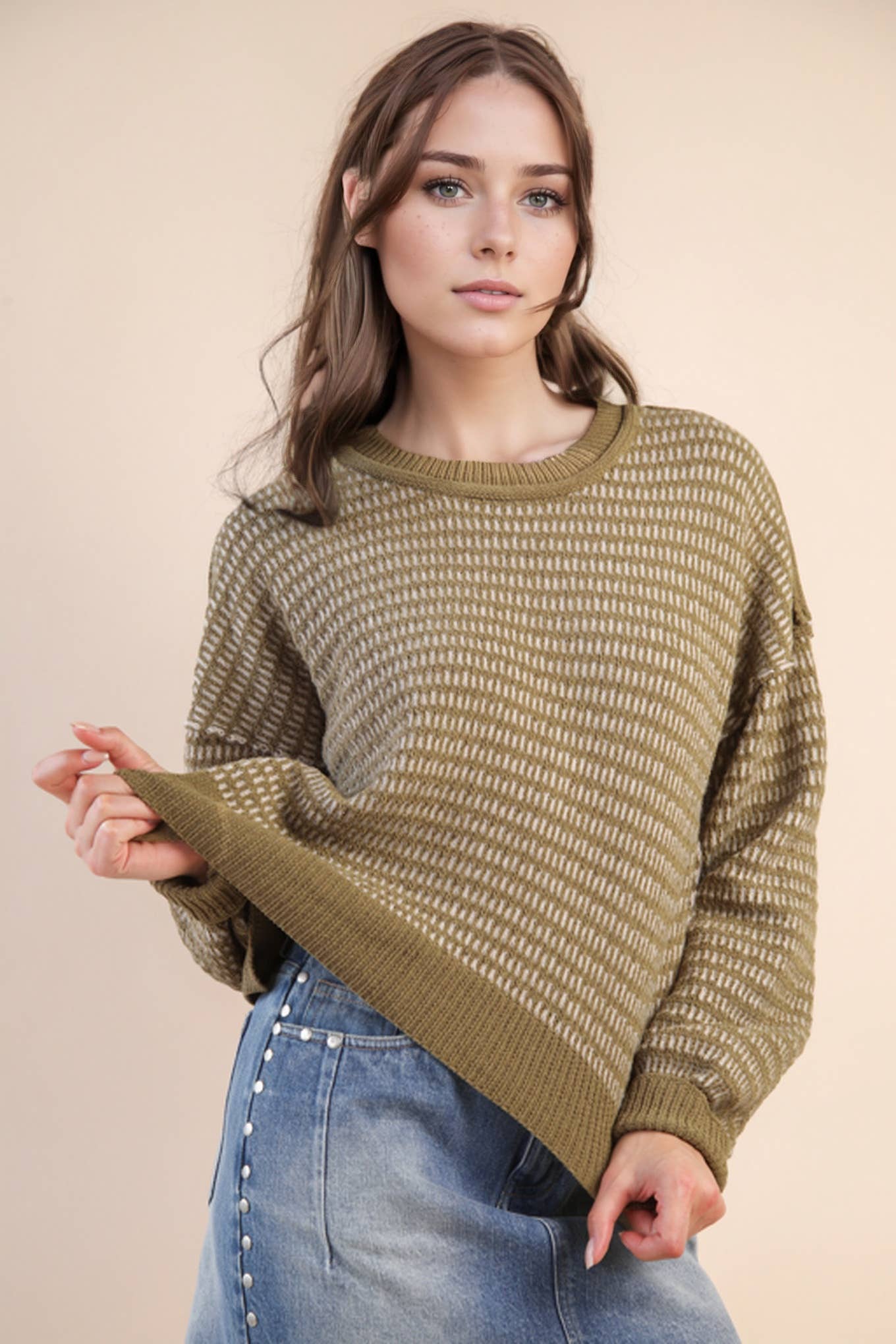 Two Tone Textured Knit Casual Sweater Top