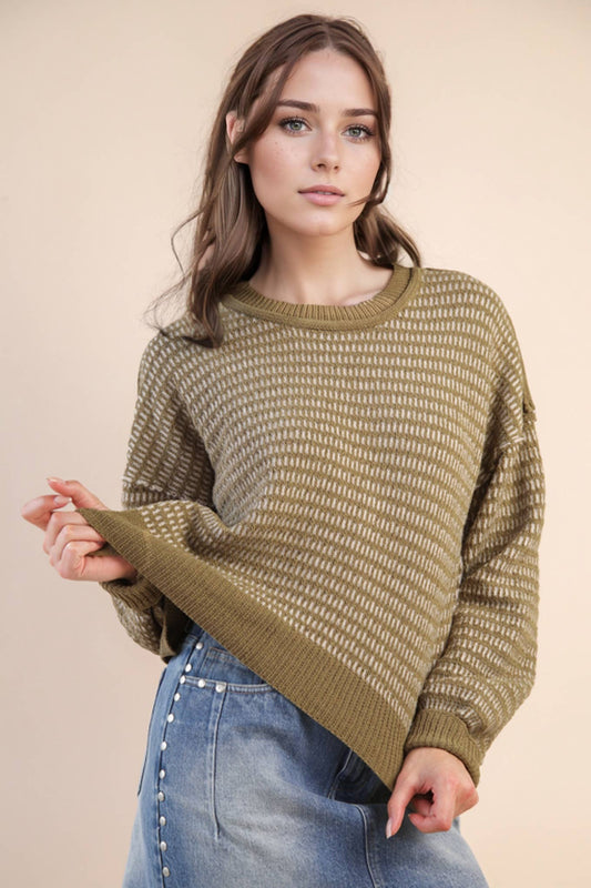 Two Tone Textured Knit Casual Sweater Top