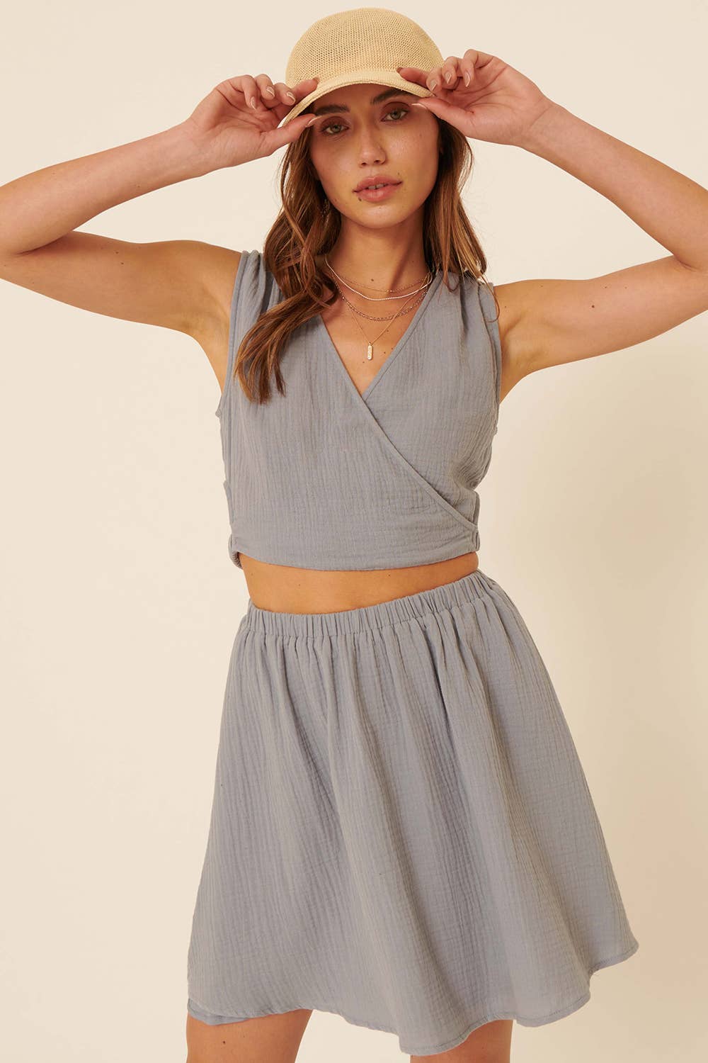 Solid Surplice Front Cutout Sleeveless Mini Dress