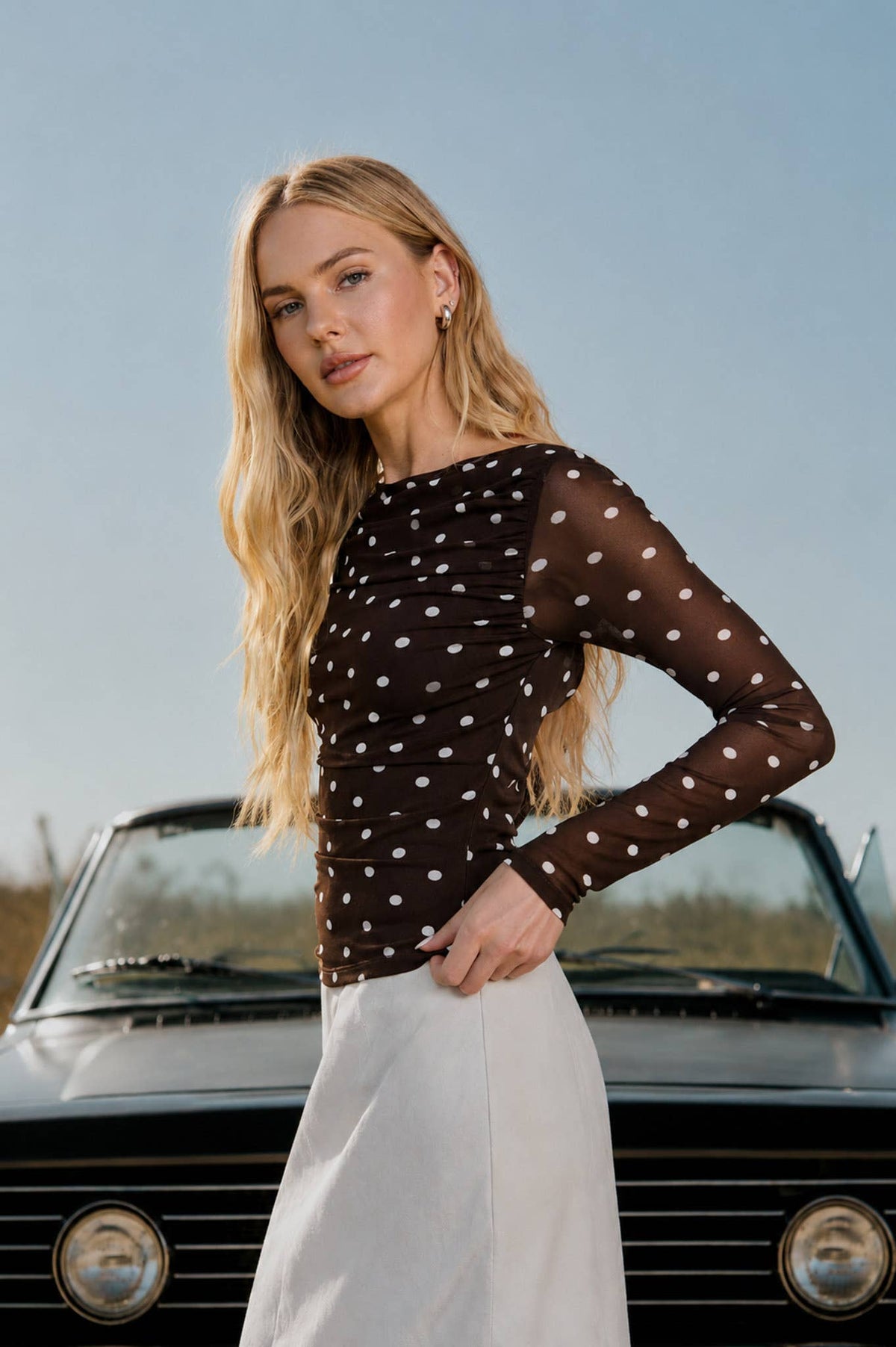Sheer Mesh Polka Dot Ruched Long Sleeve Knit Top