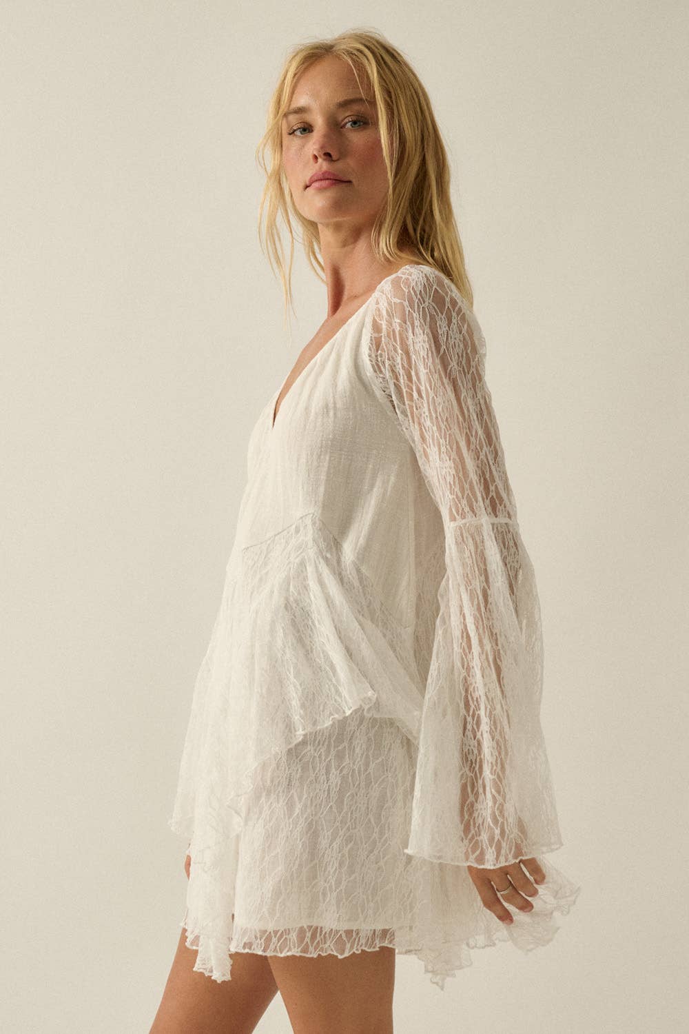 Ruffled Lace Bell-Sleeve Open-Back Romper