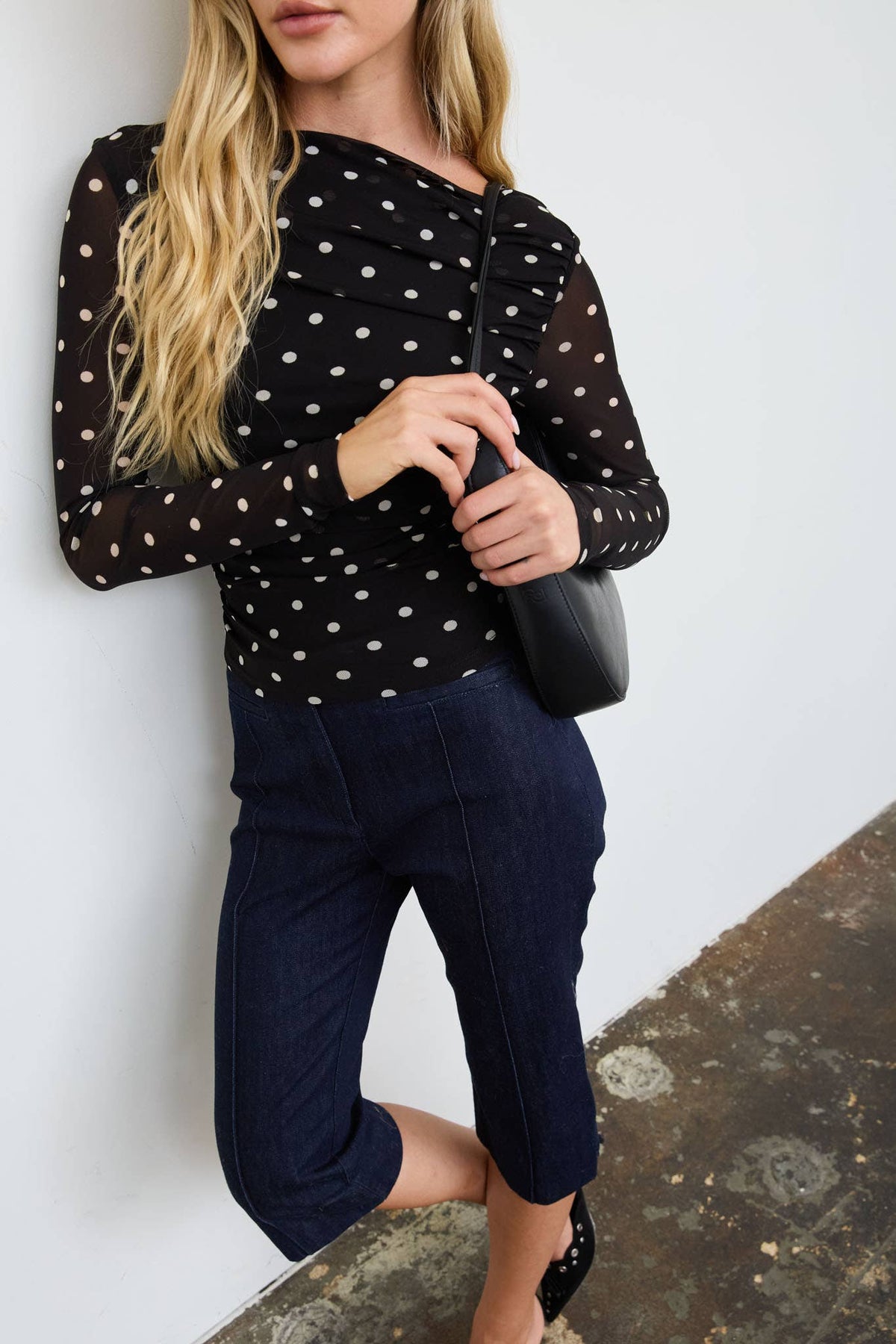 Sheer Mesh Polka Dot Ruched Long Sleeve Knit Top