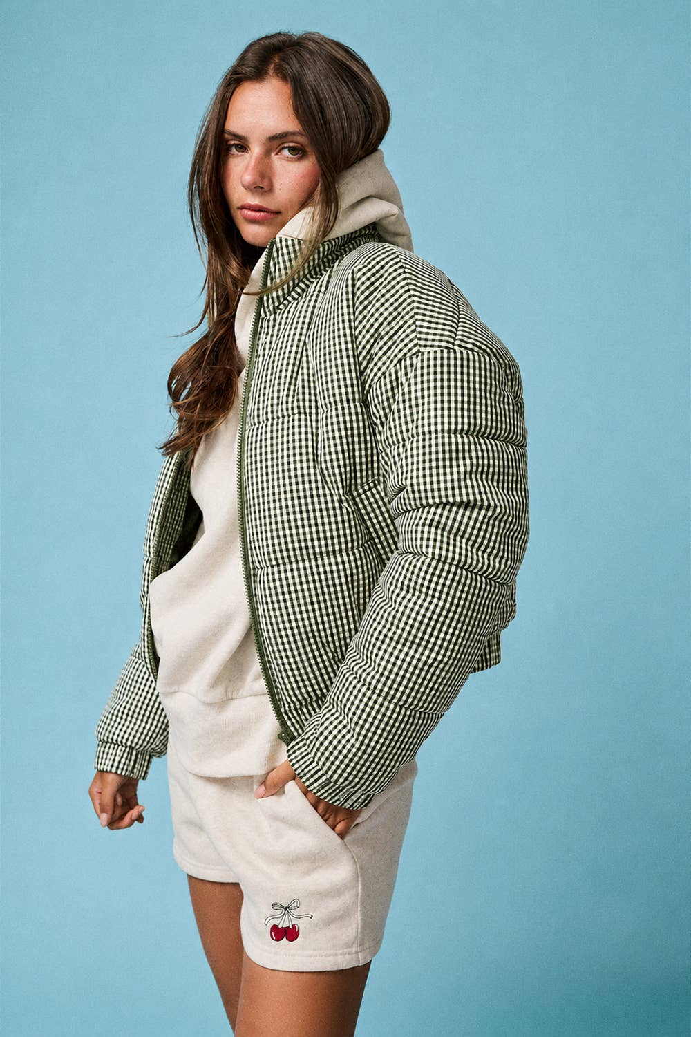 Gingham Zip Up Puffer Jacket