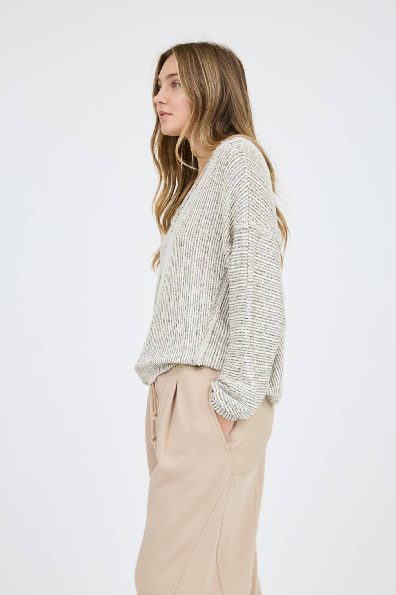 Stripes Drop Shoulder V Neck Knit Top