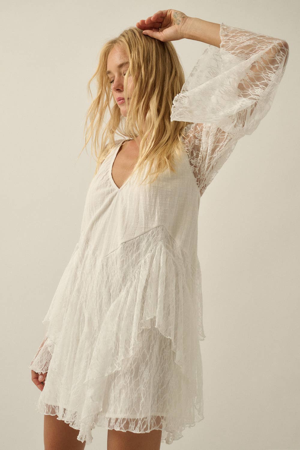 Ruffled Lace Bell-Sleeve Open-Back Romper