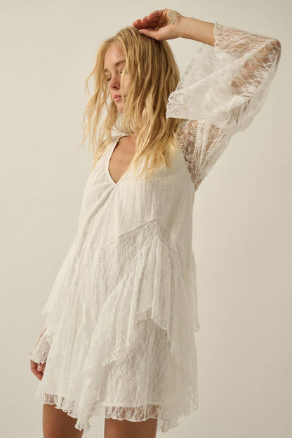 Ruffled Lace Bell-Sleeve Open-Back Romper