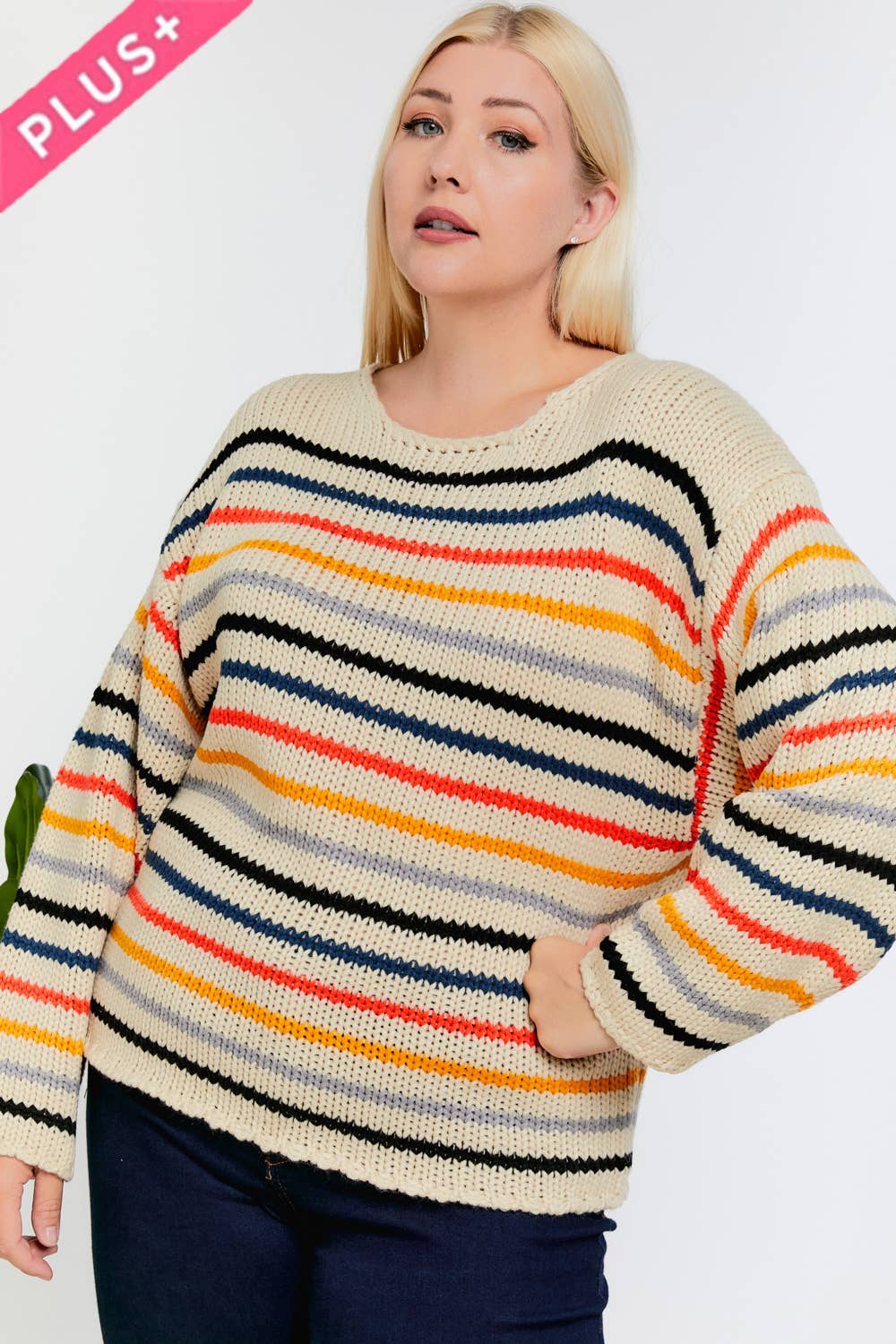 PLUS STRIPE ROUND NECK LONG SLEEVE KNIT SWEATER