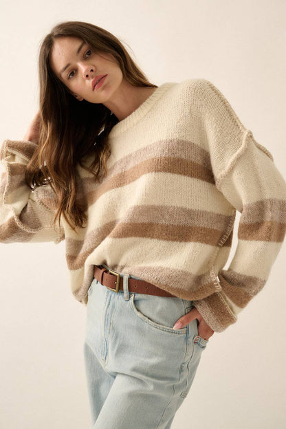 Striped Colorblock Expose-Seam Long Sleeve Sweater