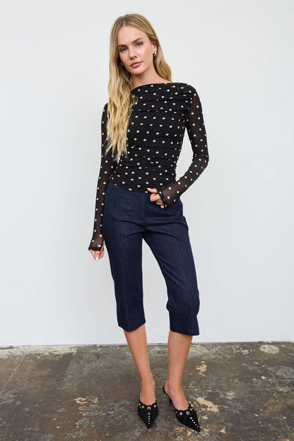 Sheer Mesh Polka Dot Ruched Long Sleeve Knit Top