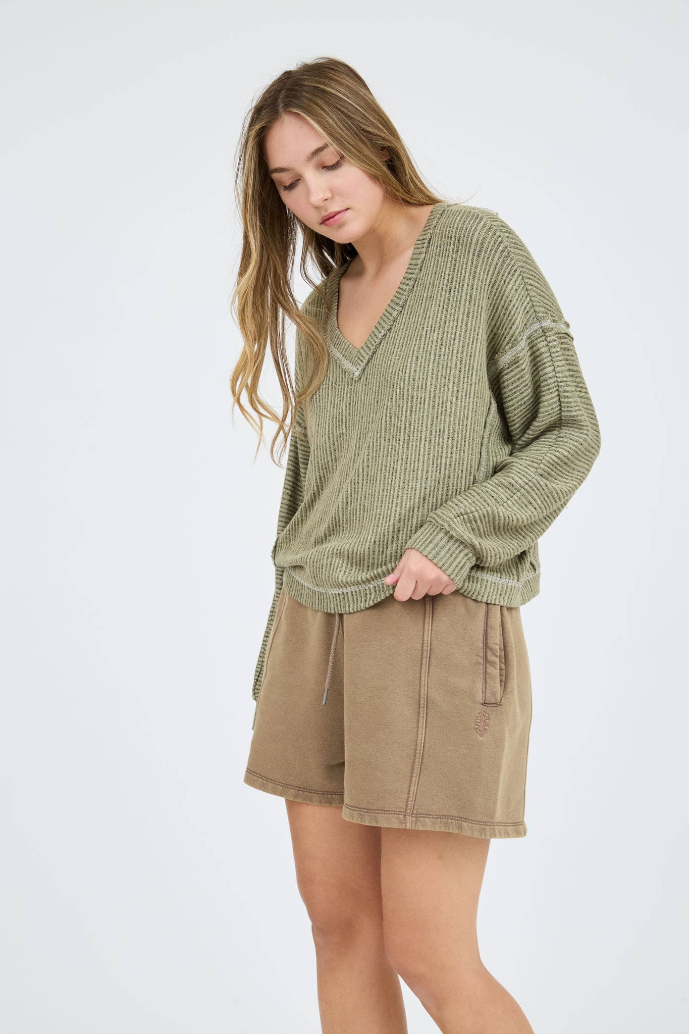 Stripes Drop Shoulder V Neck Knit Top