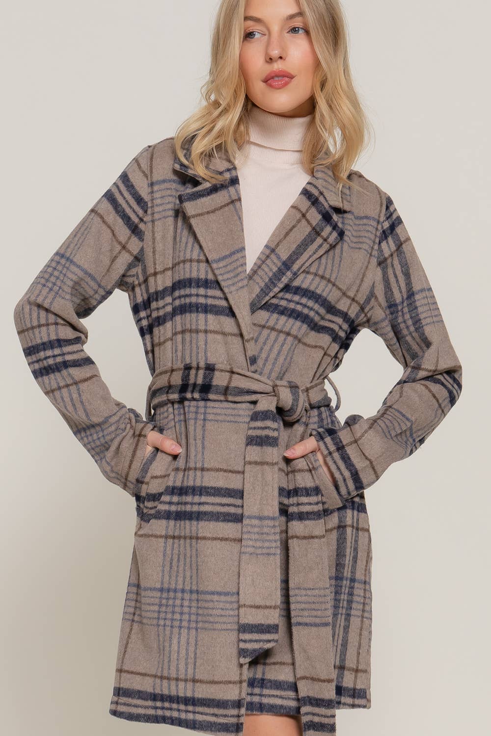 Long Sleeve Notched Collar with Waist Belt Plaid Jacket