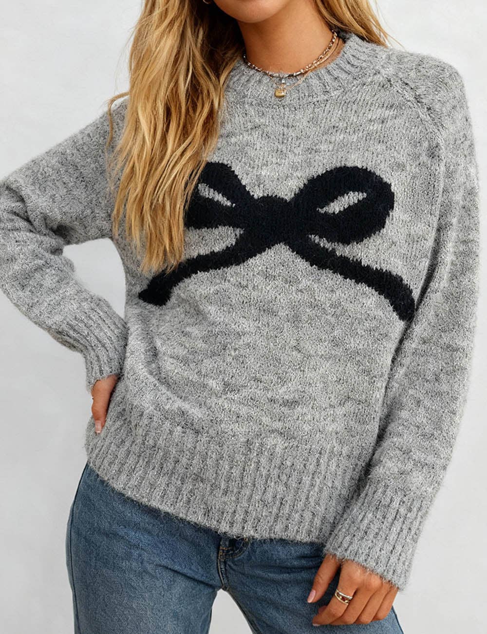 Ladies Ribbed Trim Knit Sweater