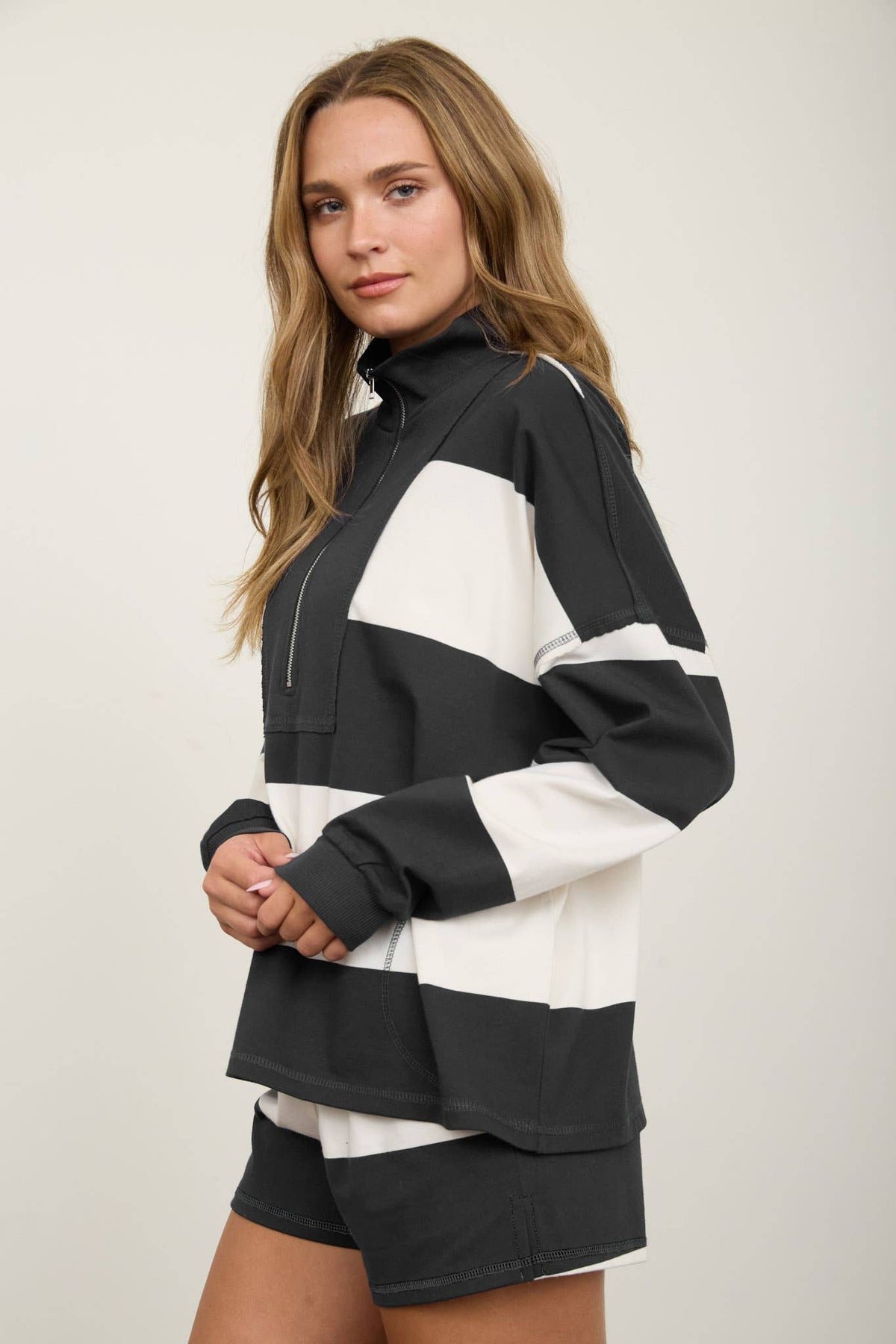 Wide Stripe Half Zip Long Sleeve Knit Top