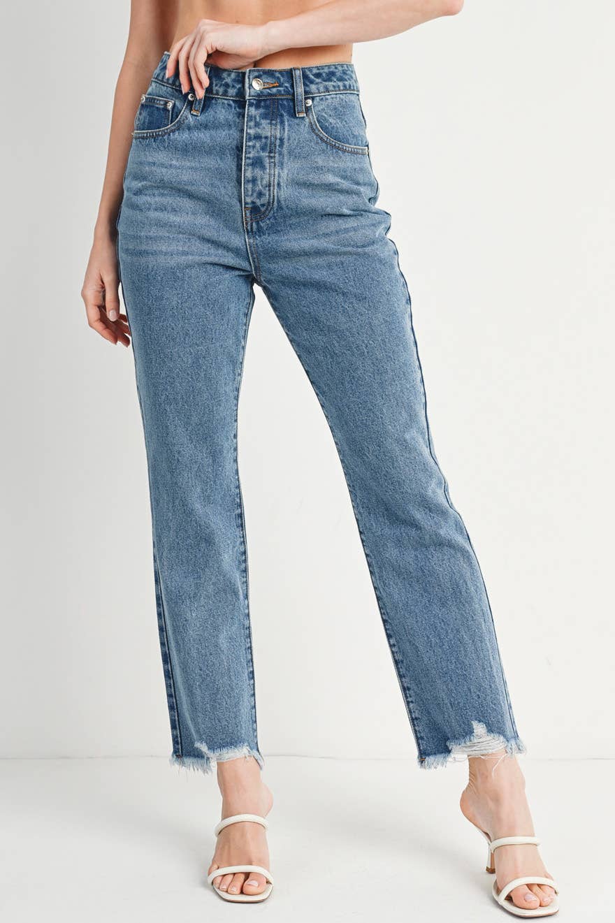 High Rise Straight: Leg Distressed Raw Hem