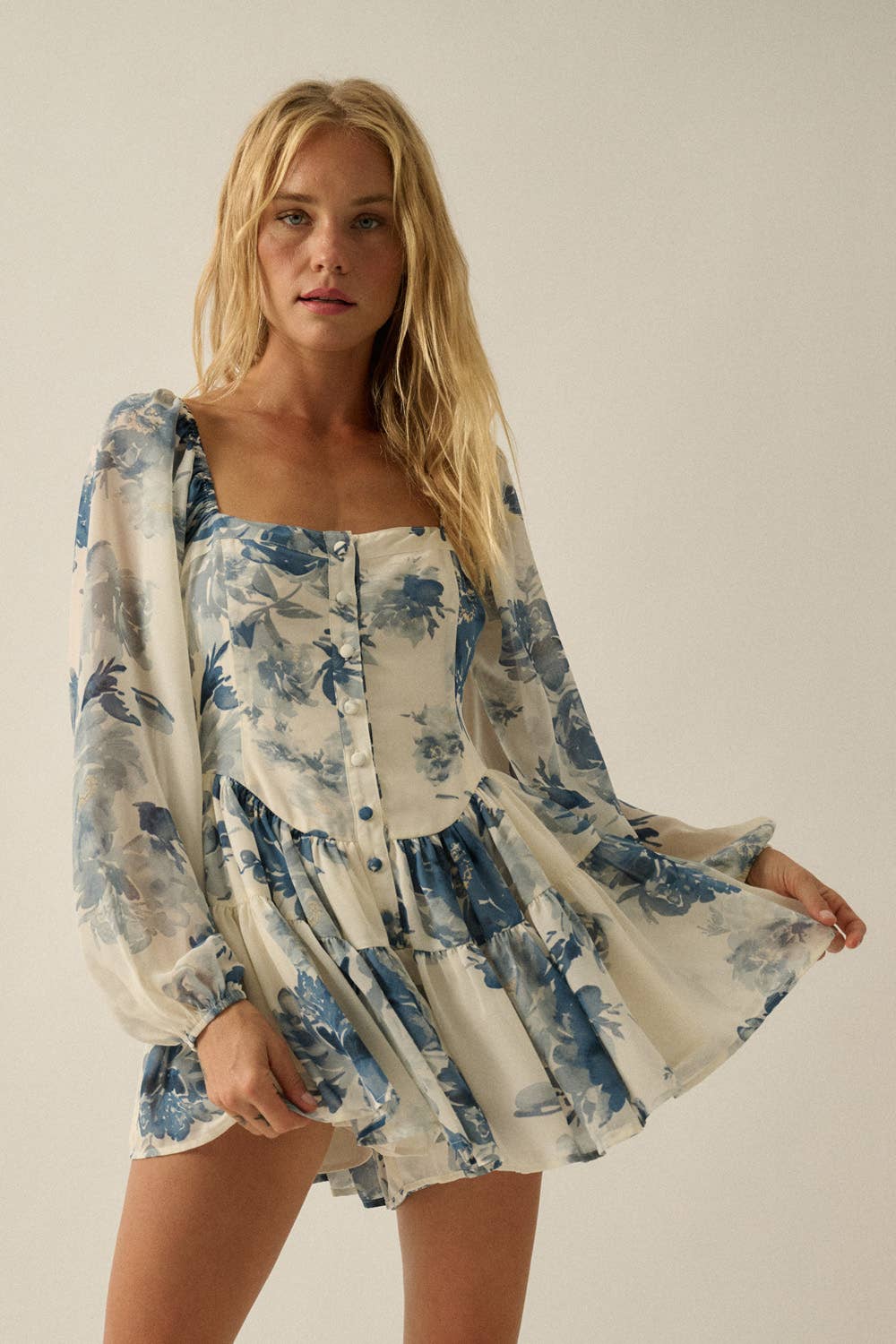 Floral Chiffon Bubble-Sleeve Tiered Ruffle Romper