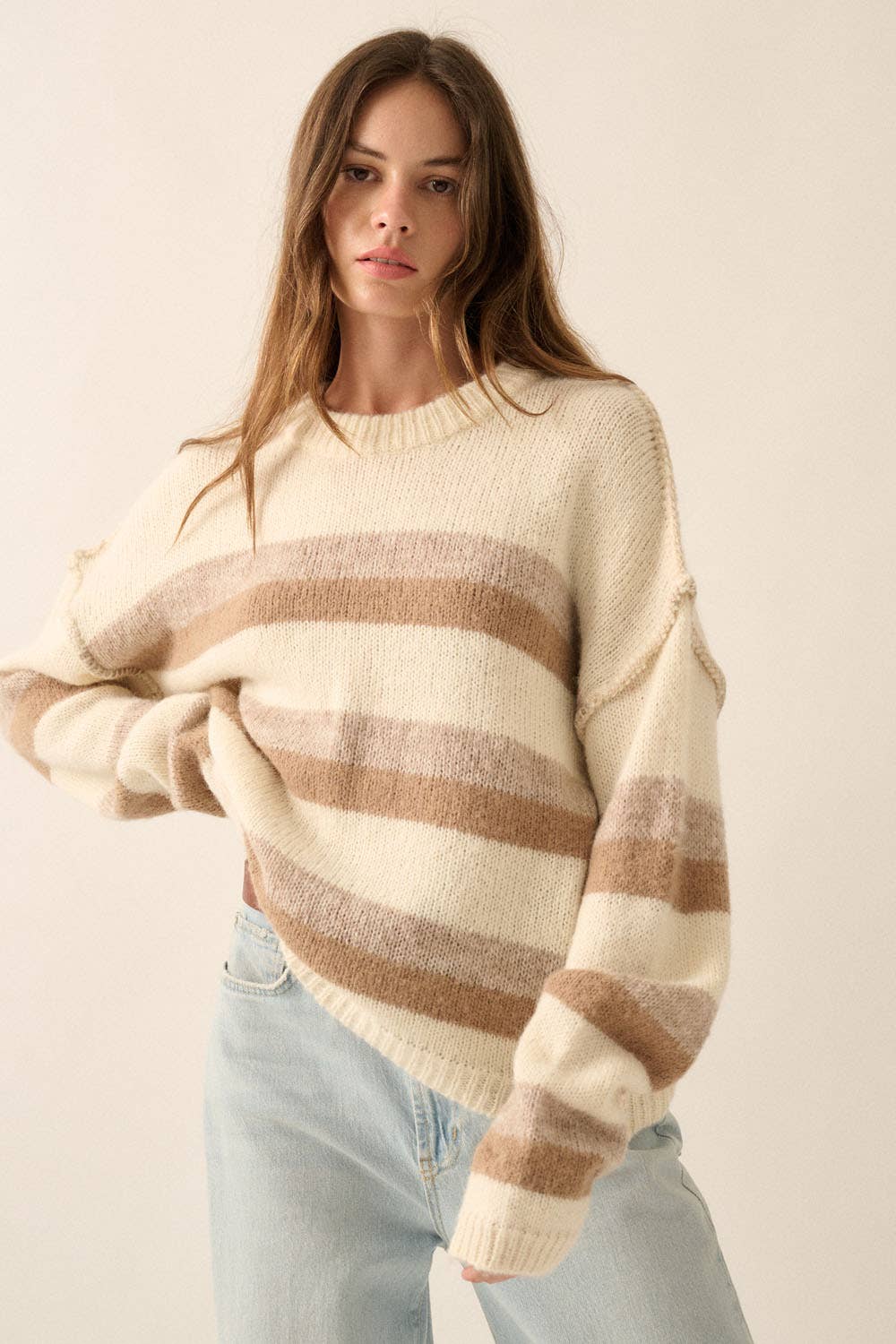 Striped Colorblock Expose-Seam Long Sleeve Sweater