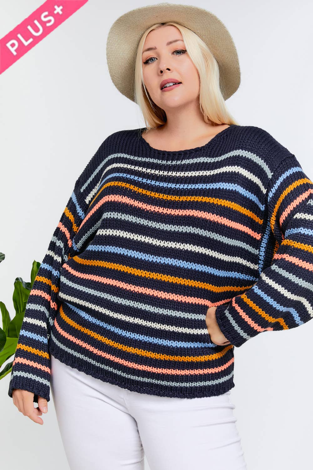 PLUS STRIPE ROUND NECK LONG SLEEVE KNIT SWEATER