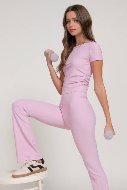 Short Sleeve Round Neck Shirring Workout Ribbed Top
