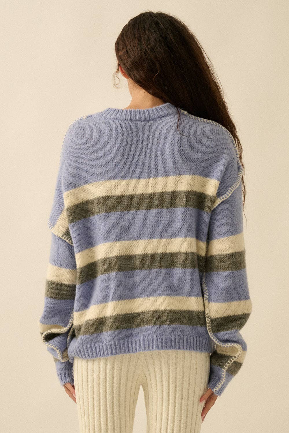 Striped Colorblock Expose-Seam Long Sleeve Sweater