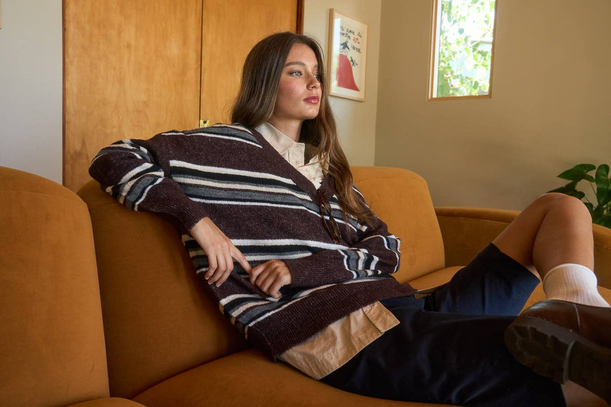 MULTICOLOR STRIPE V NECK LONG SLEEVE KNIT SWEATER
