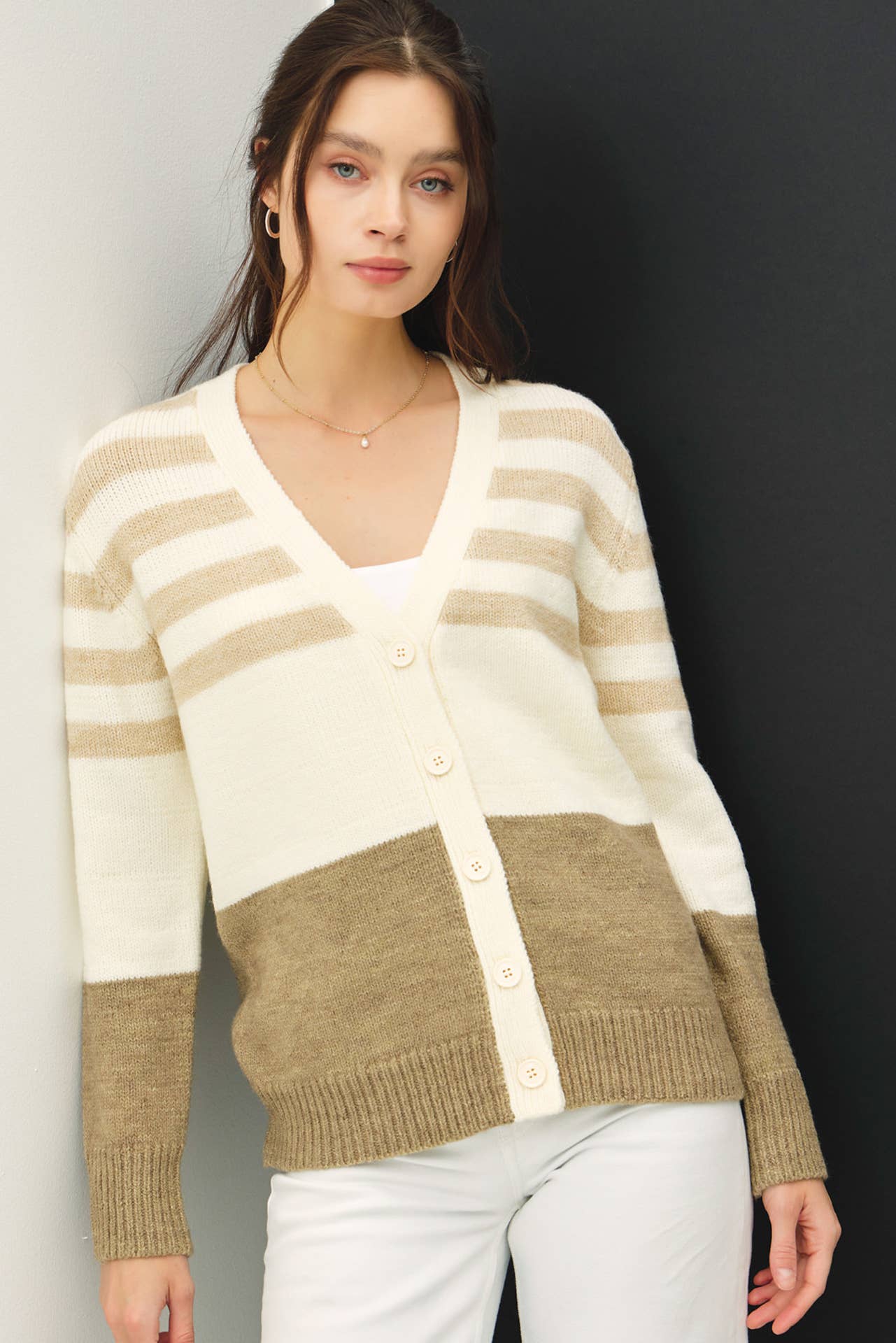 Striped Color Block V-Neck Cardigan