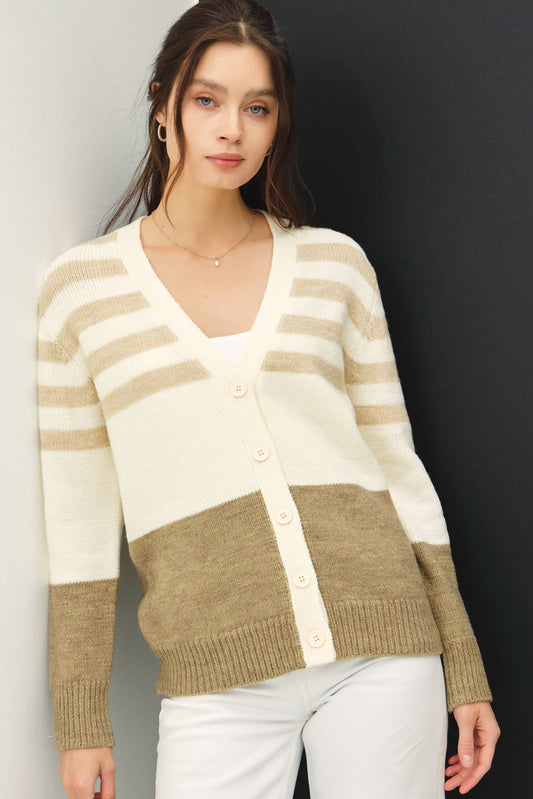 Striped Color Block V-Neck Cardigan
