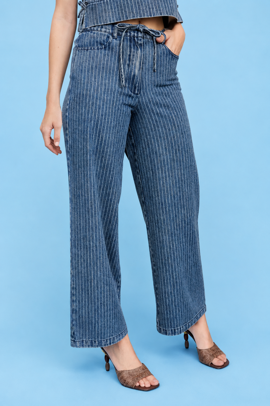 STRIPE WASHED DENIM WAIST TIE STRAP JEANS